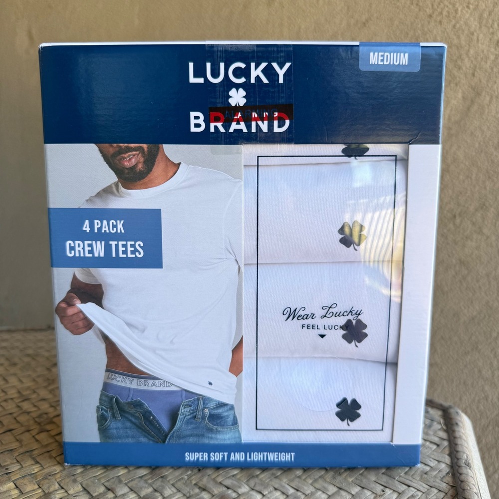 New‎ Lucky Brand Mens 4 Pack Crew Neck T-Shirts White Soft Lightweight Medium
